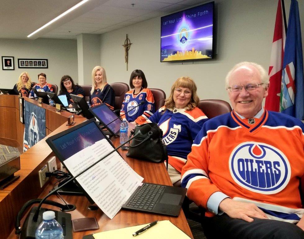 Trustees and Chief Sup t Anderson at a Public Board Meeting celebrating the Oilers playoff run 2024 04 24