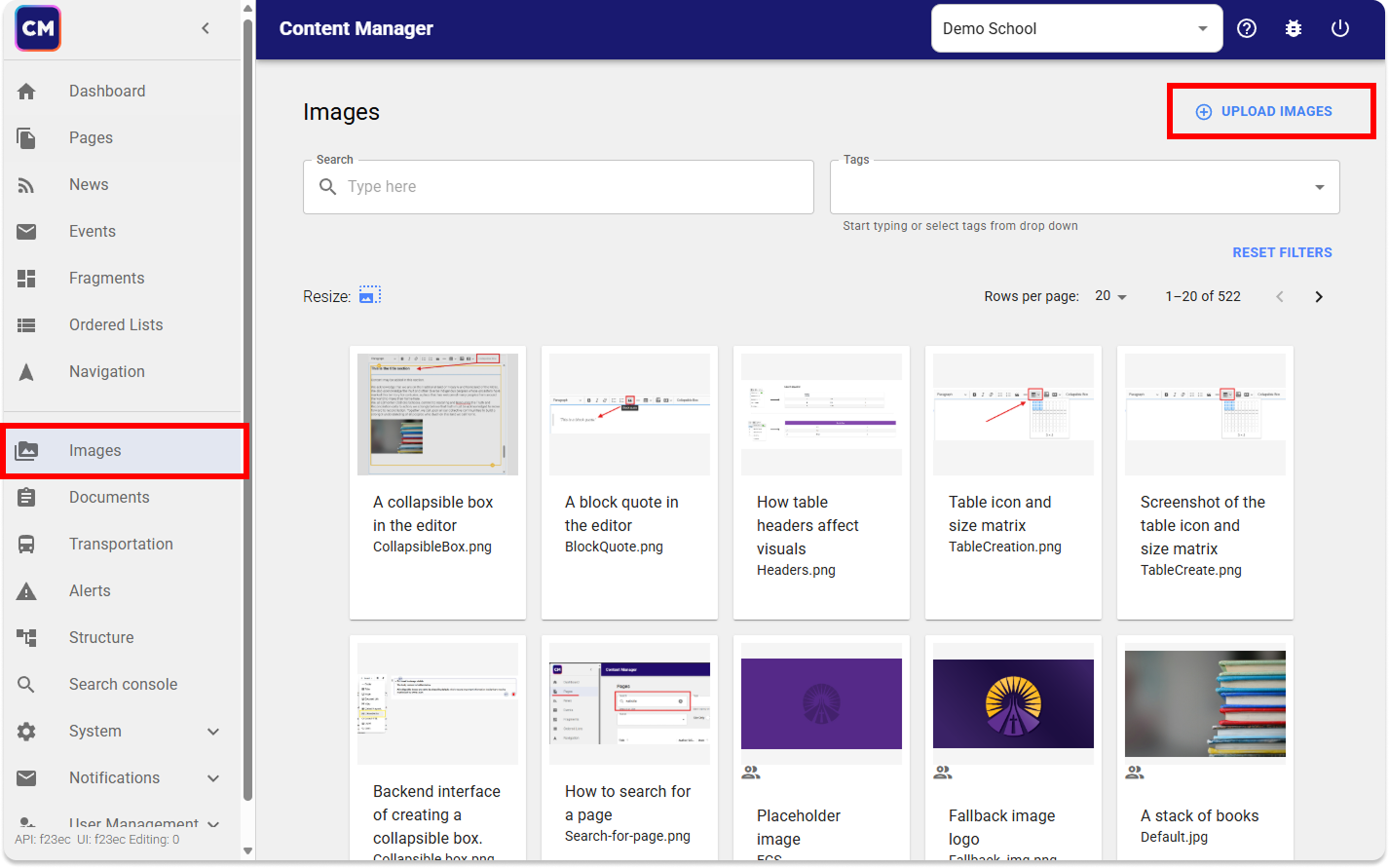 The image library. The upload image button is highlighted